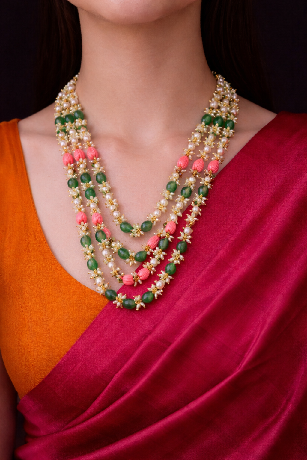 Akriti 3 tiered pearl and coral mala