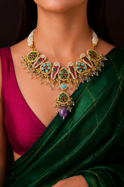 Aadhya fusion pachi kundant statement necklace set