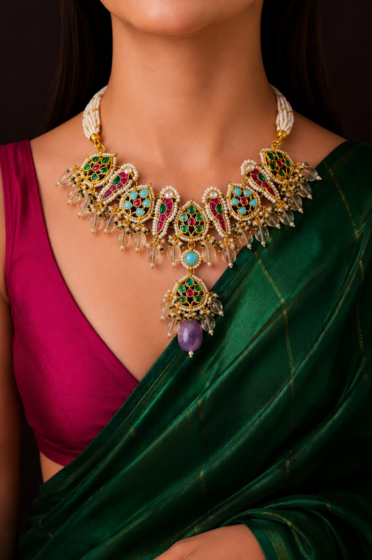 Aadhya fusion pachi kundant statement necklace set